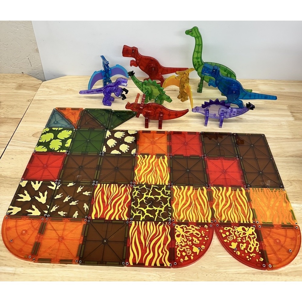 MAGNA TILES Dino World 40+ Pieces Total Magnetic Tile Lot, 9 Dinosaurs